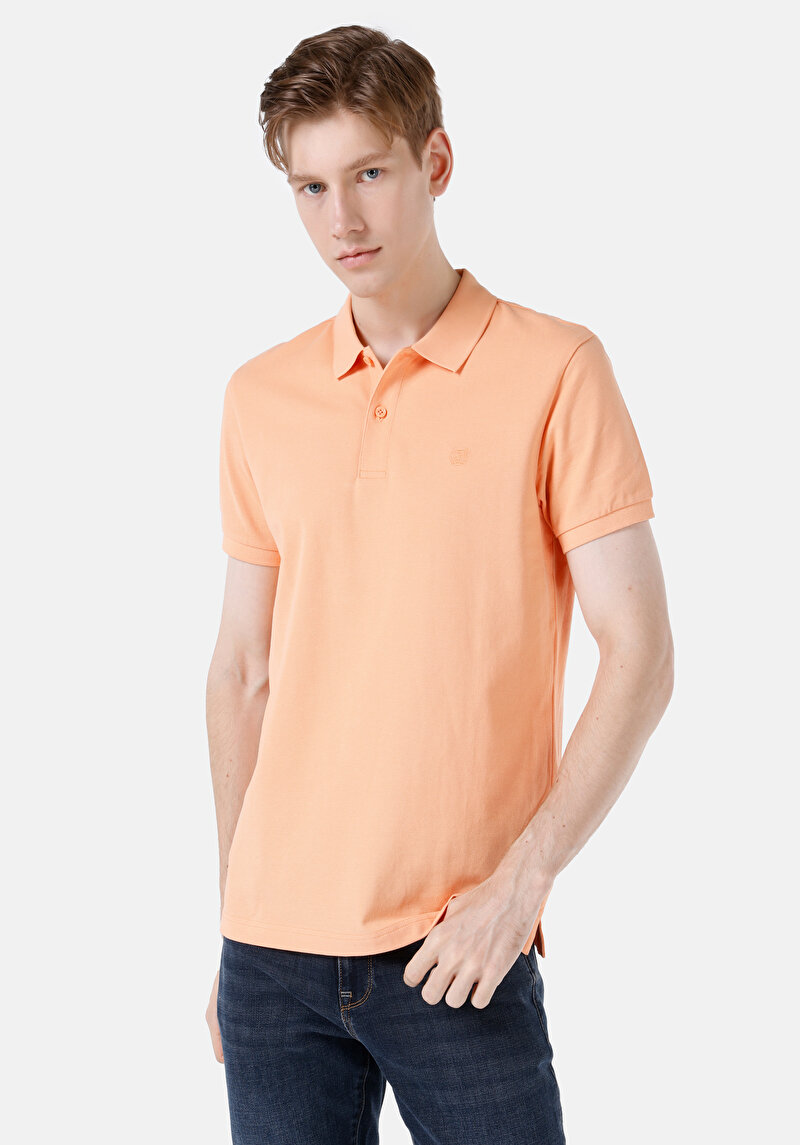 Classic Fit Polo Yaka Düz Erkek Turuncu Kısa Kol Tişört