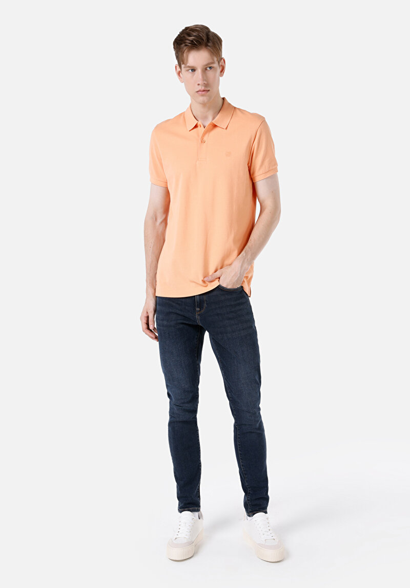 Classic Fit Polo Yaka Düz Erkek Turuncu Kısa Kol Tişört