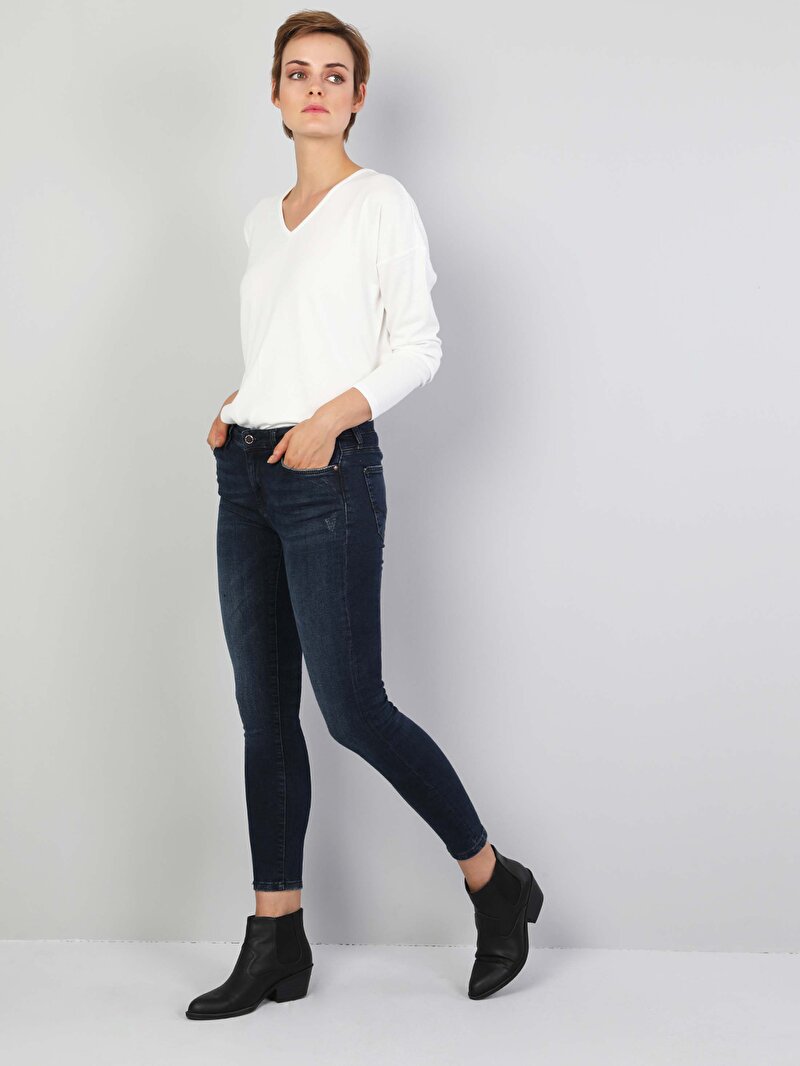 759 Lara Orta Bel Dar Paça Super Slim Fit Koyu Mavi Kadın Jean Pantolon