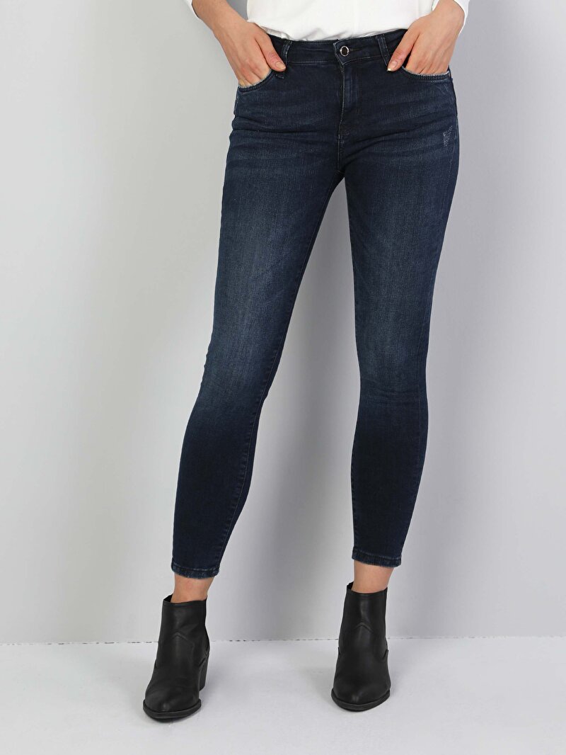 759 Lara Orta Bel Dar Paça Super Slim Fit Koyu Mavi Kadın Jean Pantolon