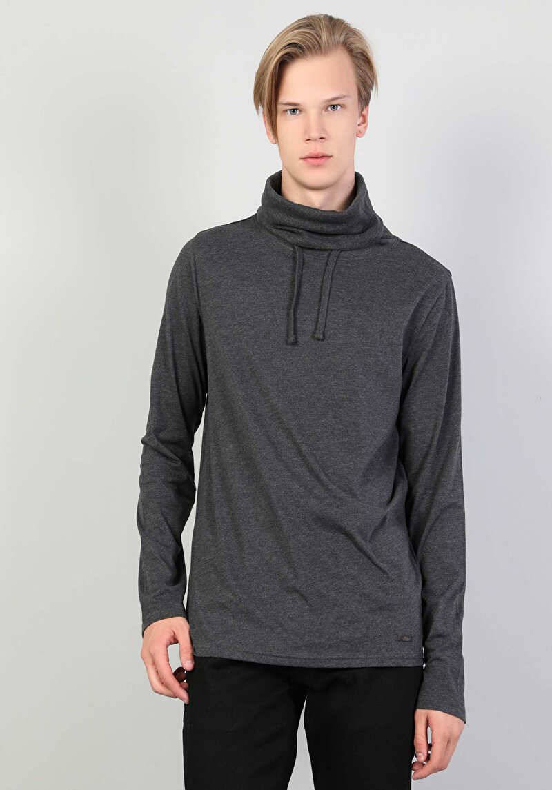Regular Fit Yarım Balıkçı Yaka Erkek Antrasit Uzun Kol Tişört