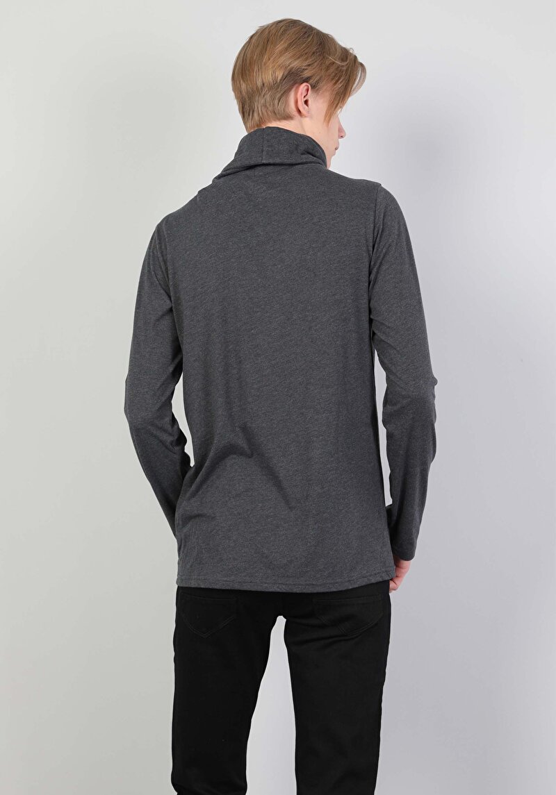 Regular Fit Yarım Balıkçı Yaka Erkek Antrasit Uzun Kol Tişört