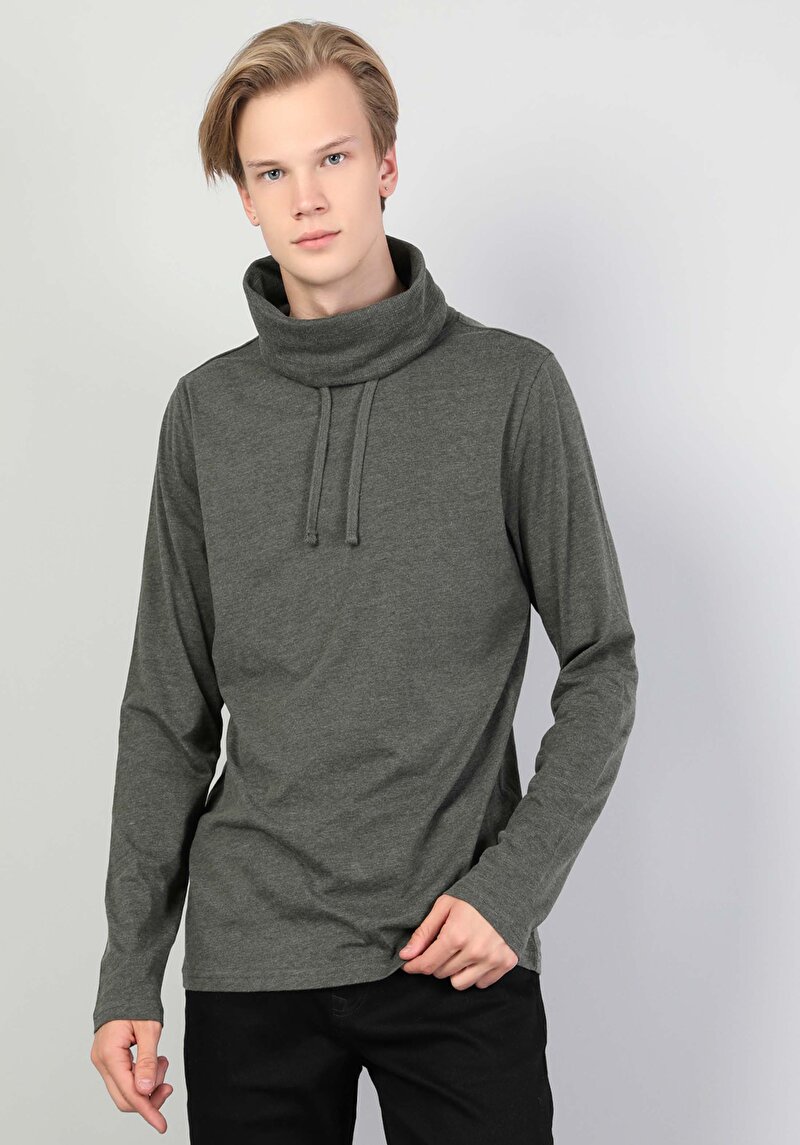 Regular Fit Yarım Balıkçı Yaka Erkek Yeşil Uzun Kol Tişört