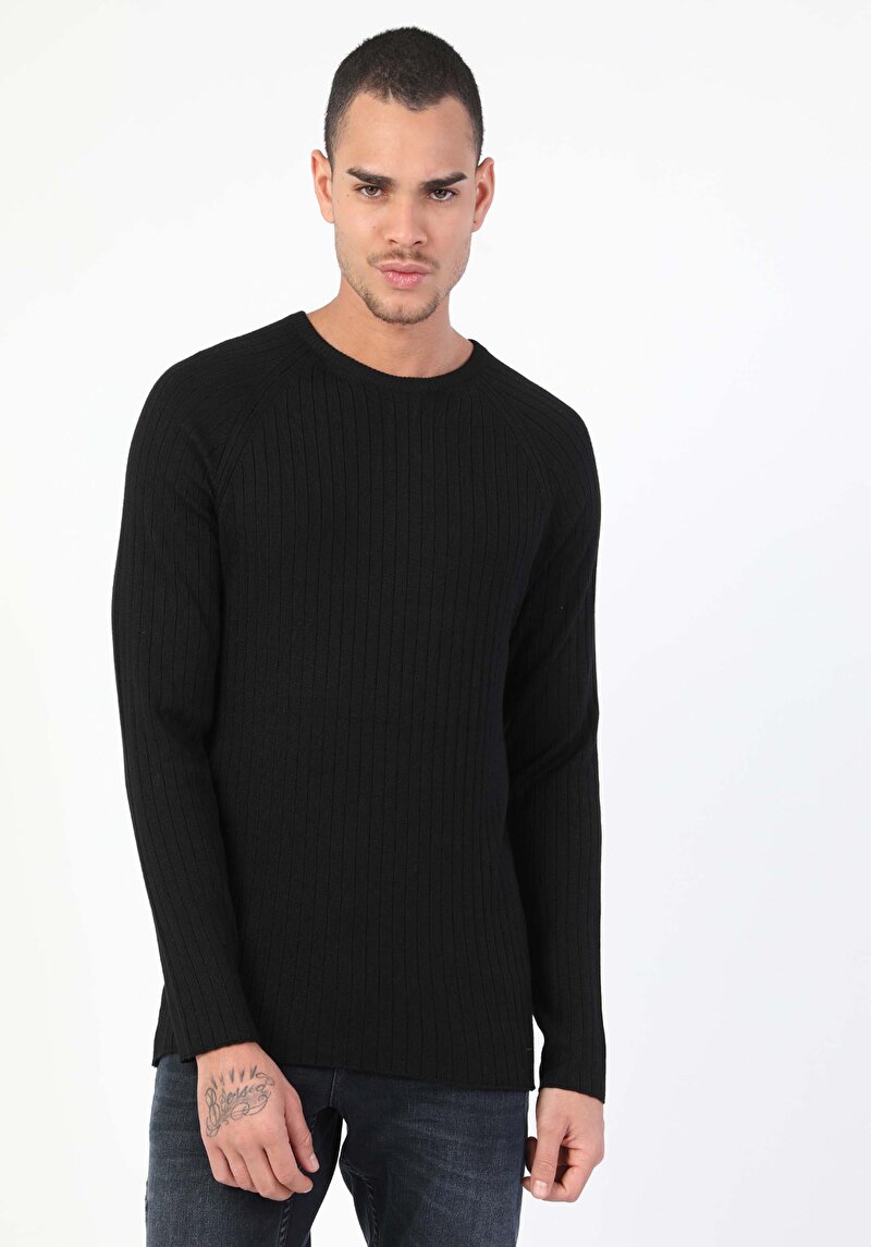 Slim Fit Yuvarlak Yaka Erkek Siyah Kazak