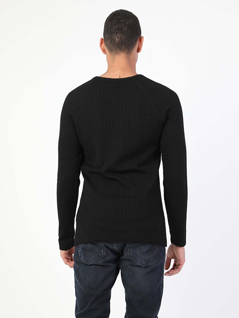 Slim Fit Yuvarlak Yaka Erkek Siyah Kazak