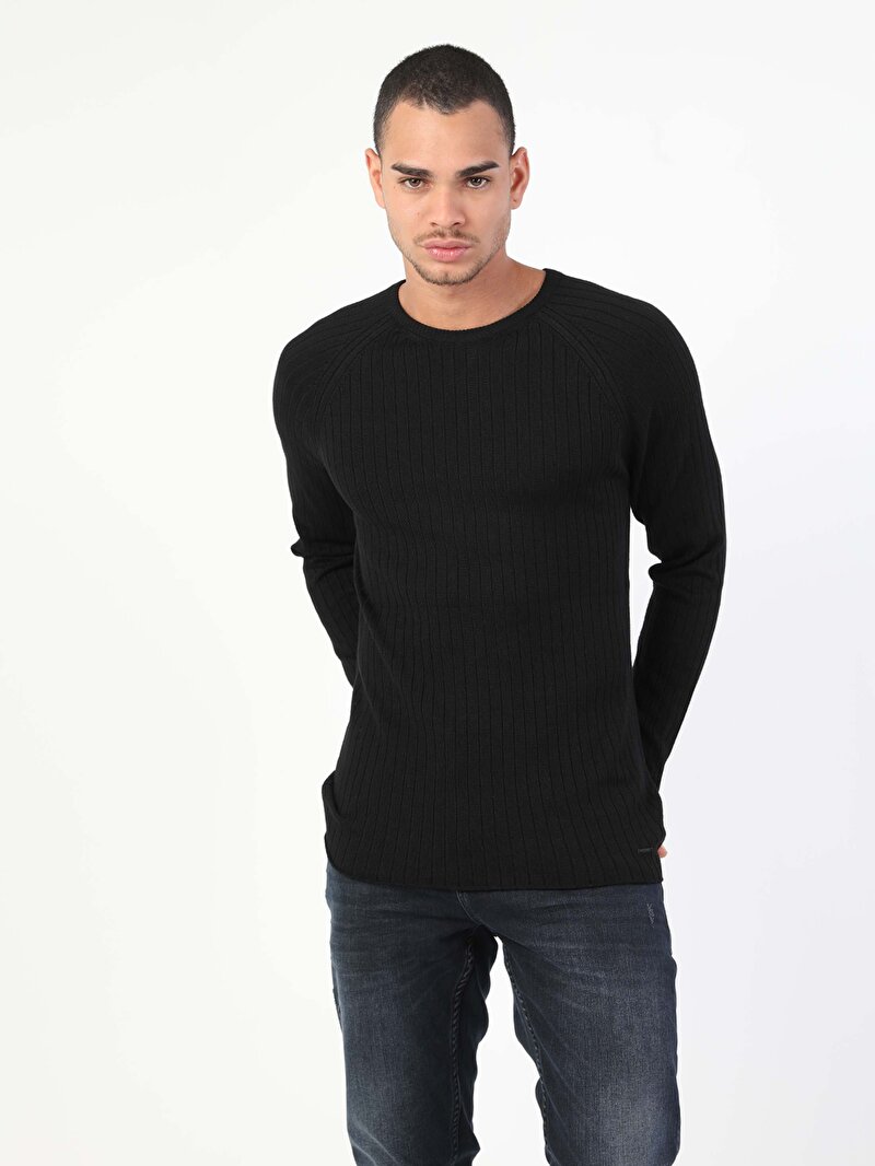 Slim Fit Yuvarlak Yaka Erkek Siyah Kazak