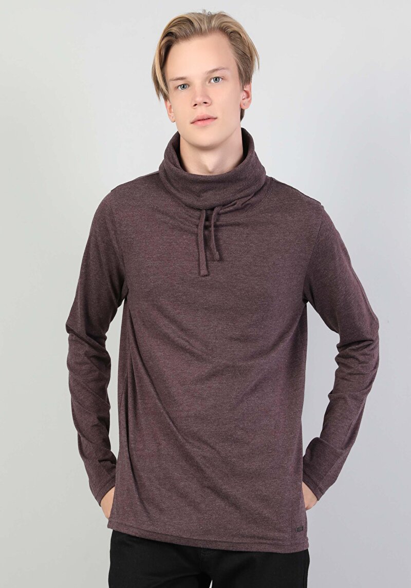 Regular Fit Yarım Balıkçı Yaka Erkek Mor Uzun Kol Tişört