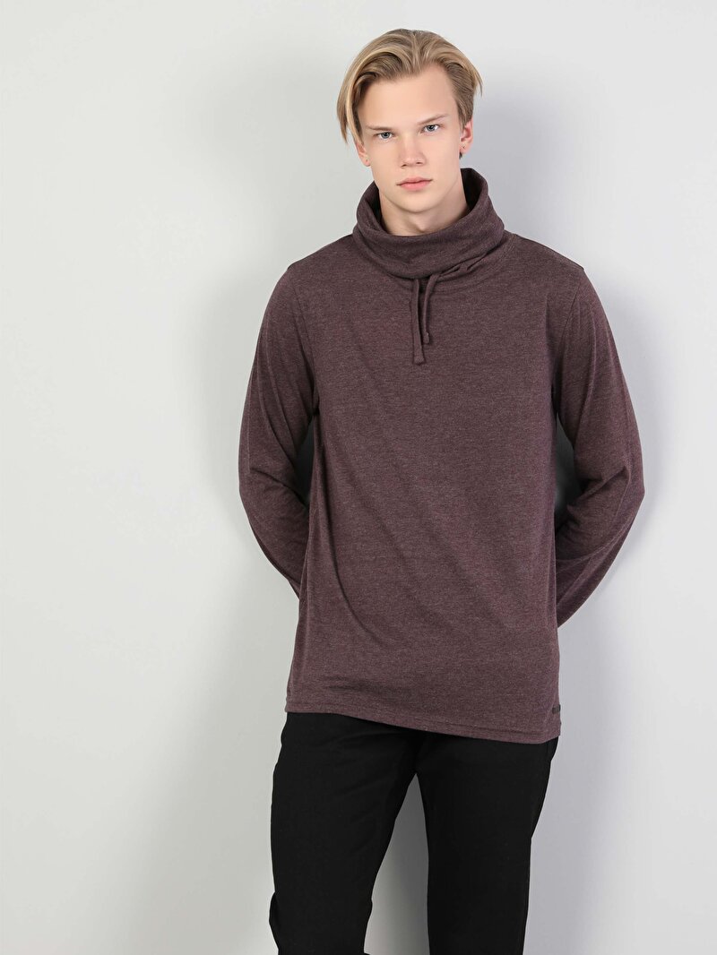 Regular Fit Yarım Balıkçı Yaka Erkek Mor Uzun Kol Tişört