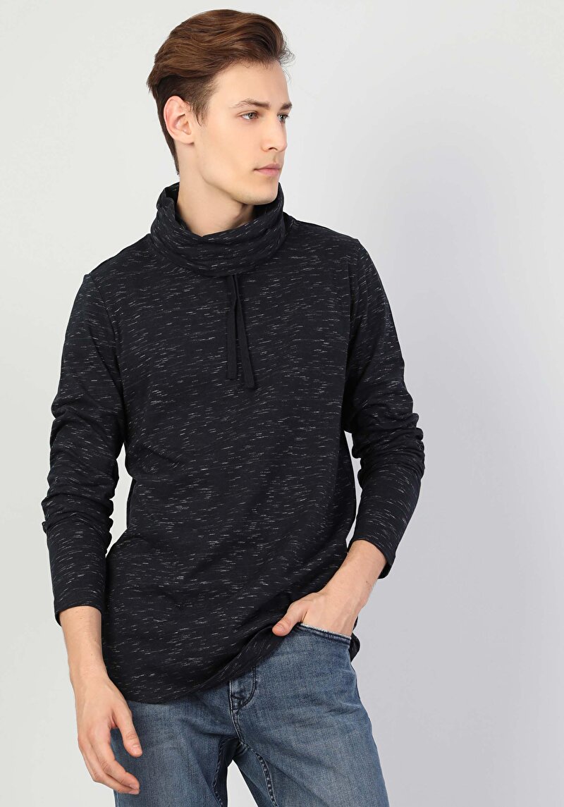 Regular Fit Yarım Balıkçı Yaka Erkek Lacivert Uzun Kol Tişört