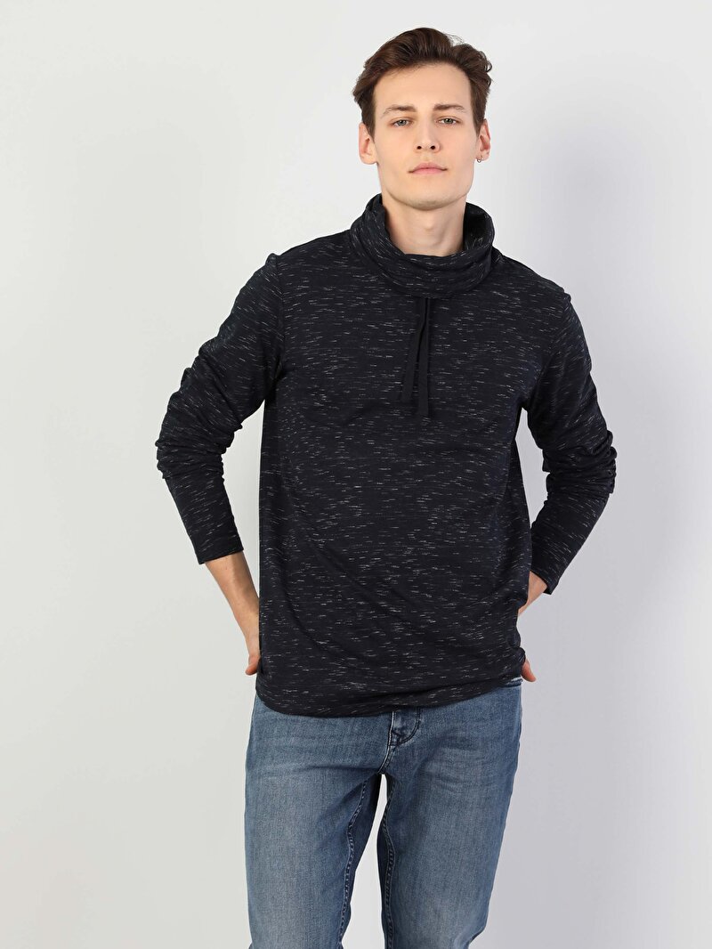 Regular Fit Yarım Balıkçı Yaka Erkek Lacivert Uzun Kol Tişört