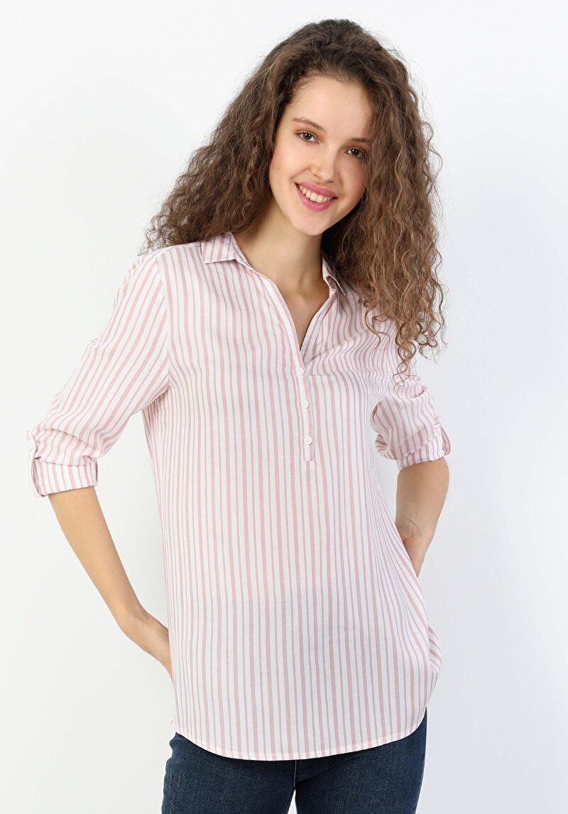 Regular Fit Shirt Neck Kadın Pembe Uzun Kol Bluz