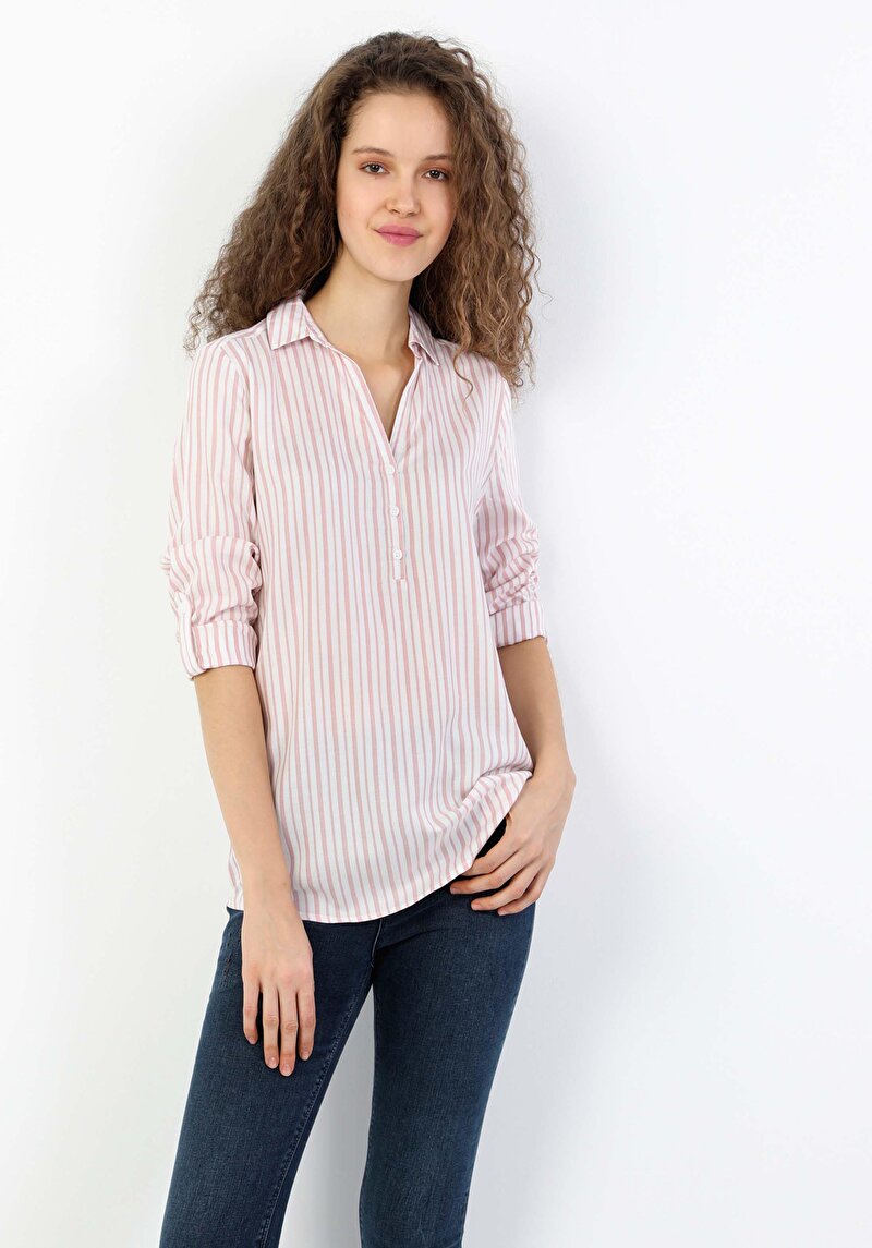 Regular Fit Shirt Neck Kadın Pembe Uzun Kol Bluz