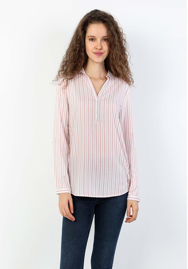 Regular Fit Shirt Neck Kadın Pembe Uzun Kol Bluz