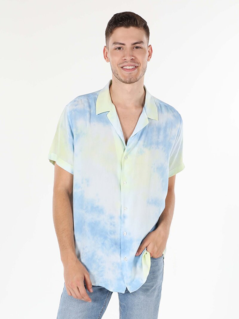 Regular Fit Viskoz Shirt Neck Baskılı Erkek Mavi Kısa Kol Gömlek