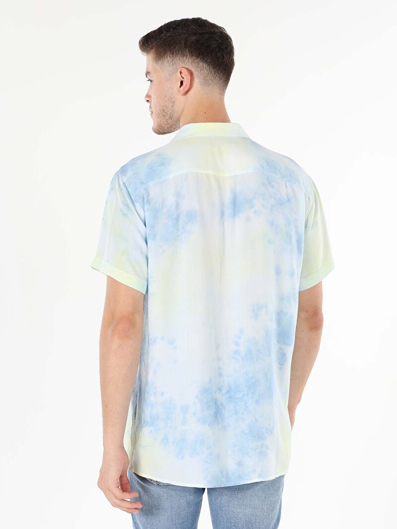 Regular Fit Viskoz Shirt Neck Baskılı Erkek Mavi Kısa Kol Gömlek