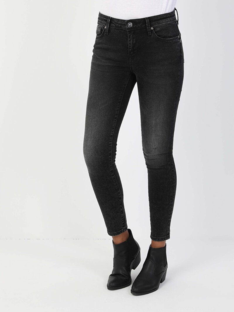 Super Slim Fit Orta Bel Dar Paça Kadın Gri Jean Pantolon