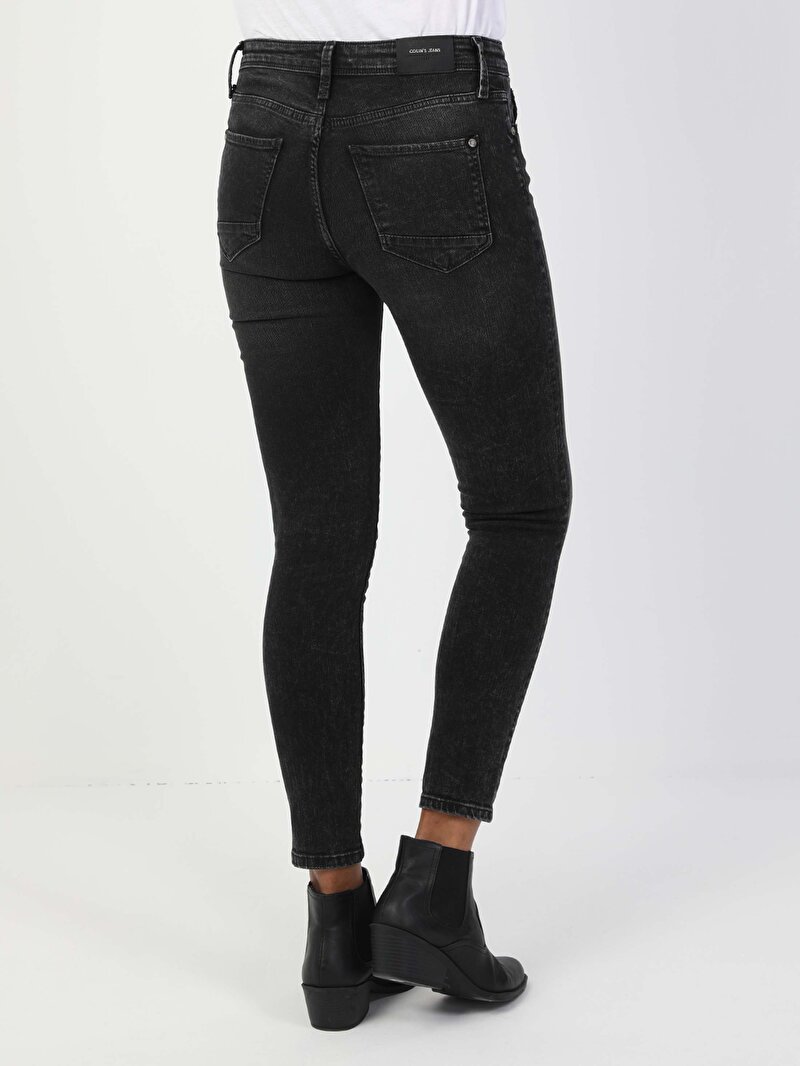 Super Slim Fit Orta Bel Dar Paça Kadın Gri Jean Pantolon