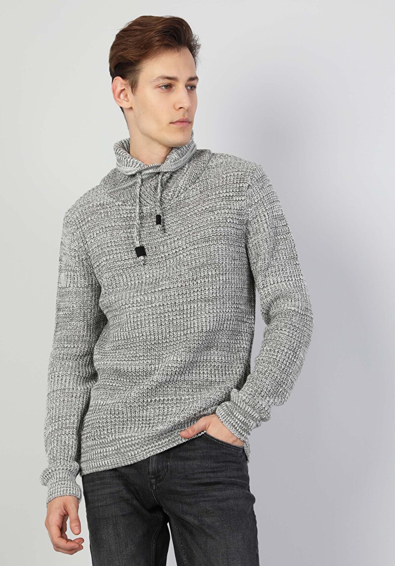 Slim Fit Sal Yaka Erkek Gri Kazak