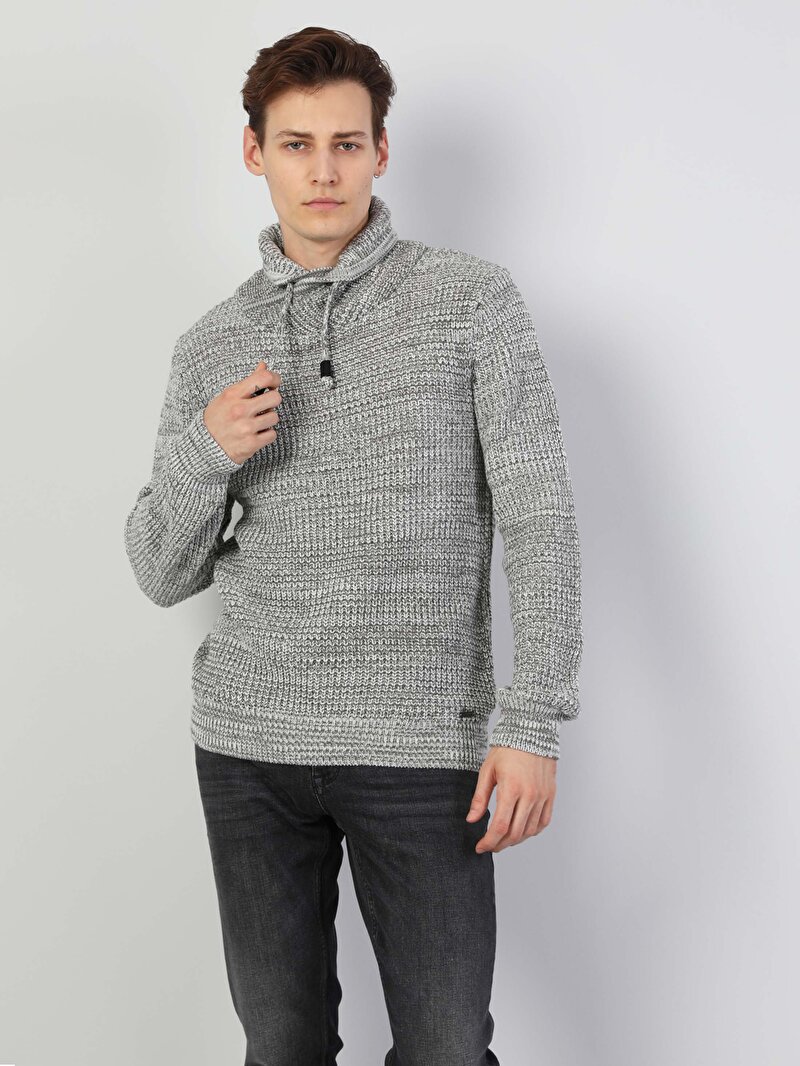 Slim Fit Sal Yaka Erkek Gri Kazak