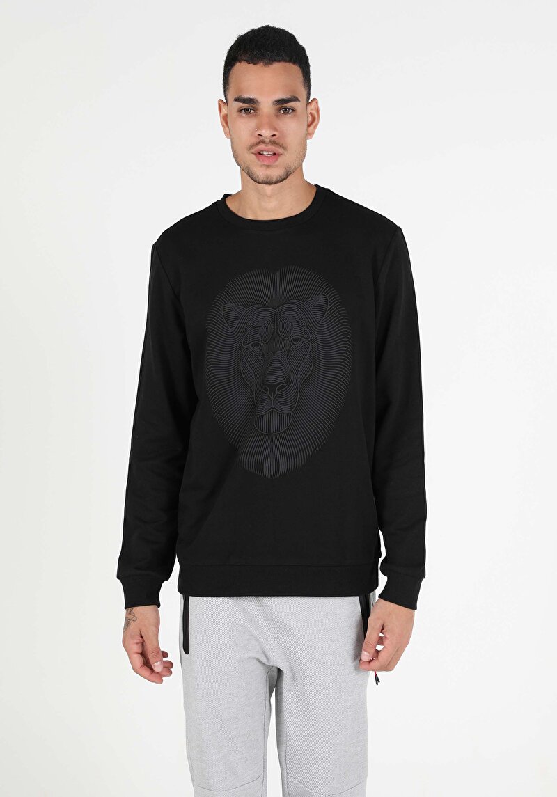 Regular Fit Aslan Baskılı Erkek Siyah Sweatshirt