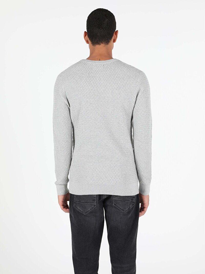 Slim Fit Pamuklu Yuvarlak Yaka Erkek Gri Kazak