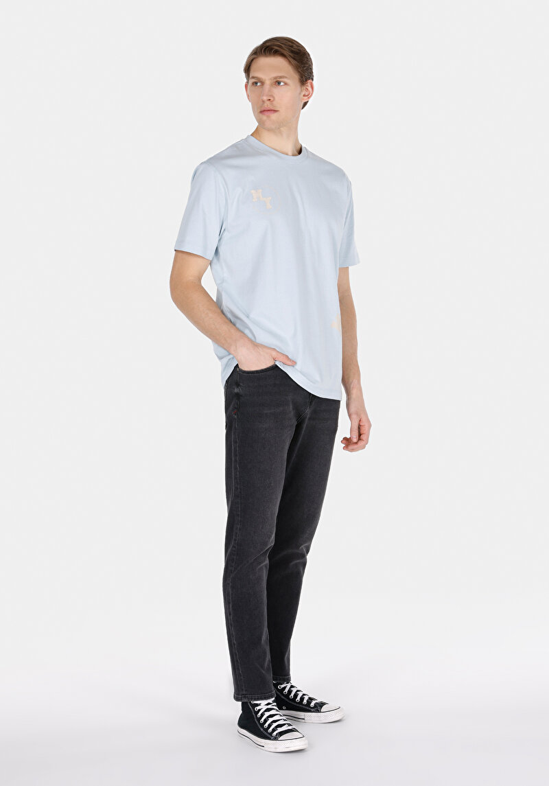 Comfort Fit Yuvarlak Yaka Düz Erkek Mavi Kısa Kol Tişört