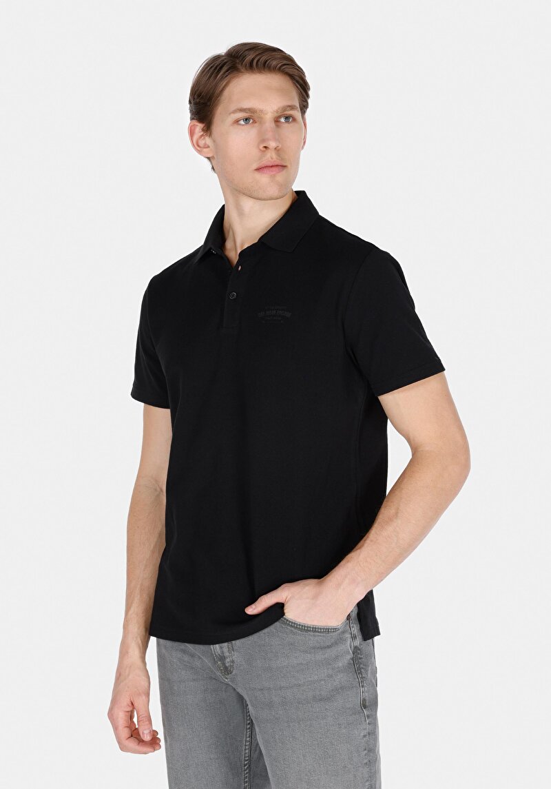 Regular Fit Polo Yaka Düz Erkek Siyah Pamuklu Cepsiz Kısa Kol Tişört