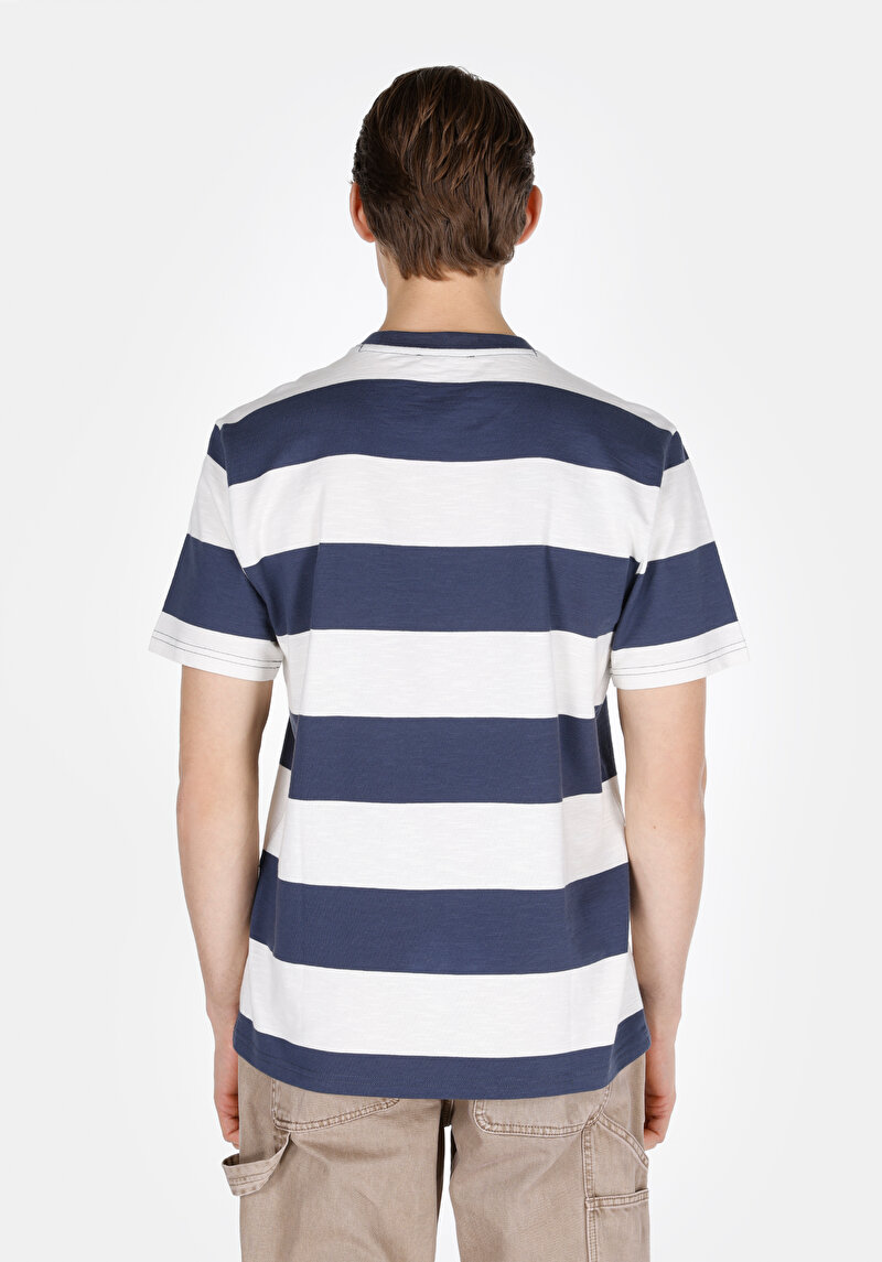 Comfort Fit Yuvarlak Yaka Çizgili Erkek Lacivert Kısa Kol Tişört