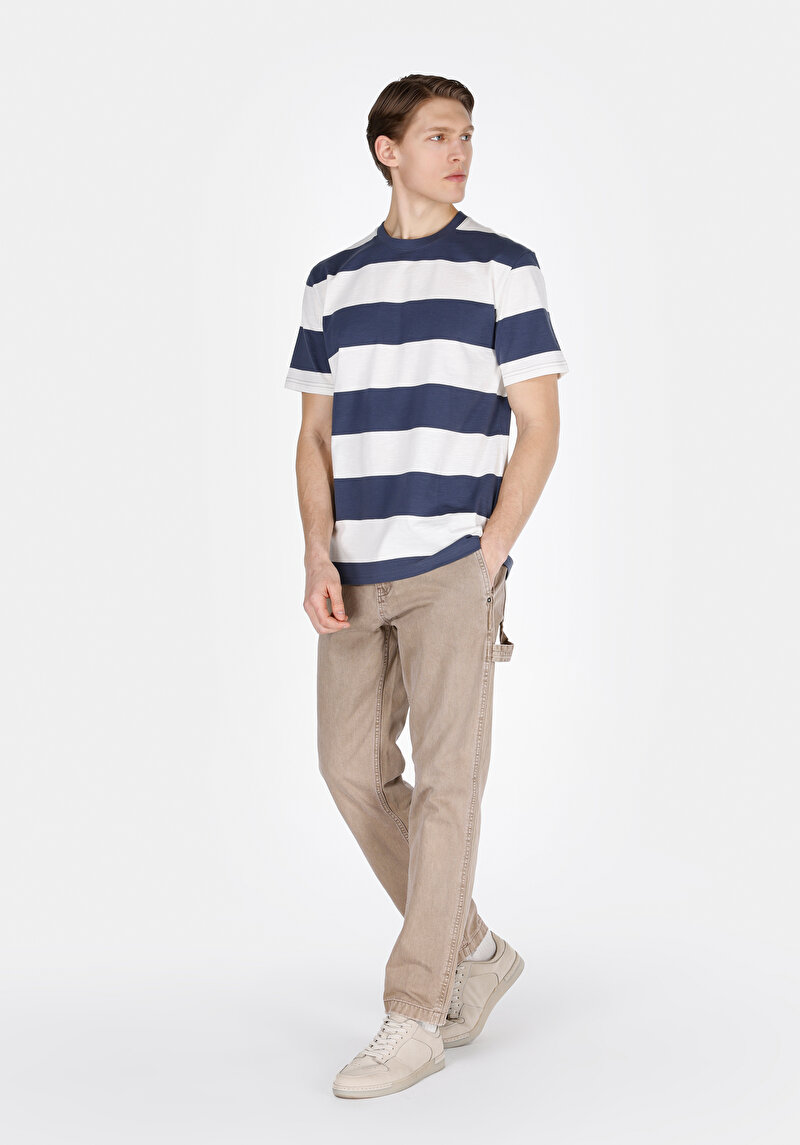 Comfort Fit Yuvarlak Yaka Çizgili Erkek Lacivert Kısa Kol Tişört