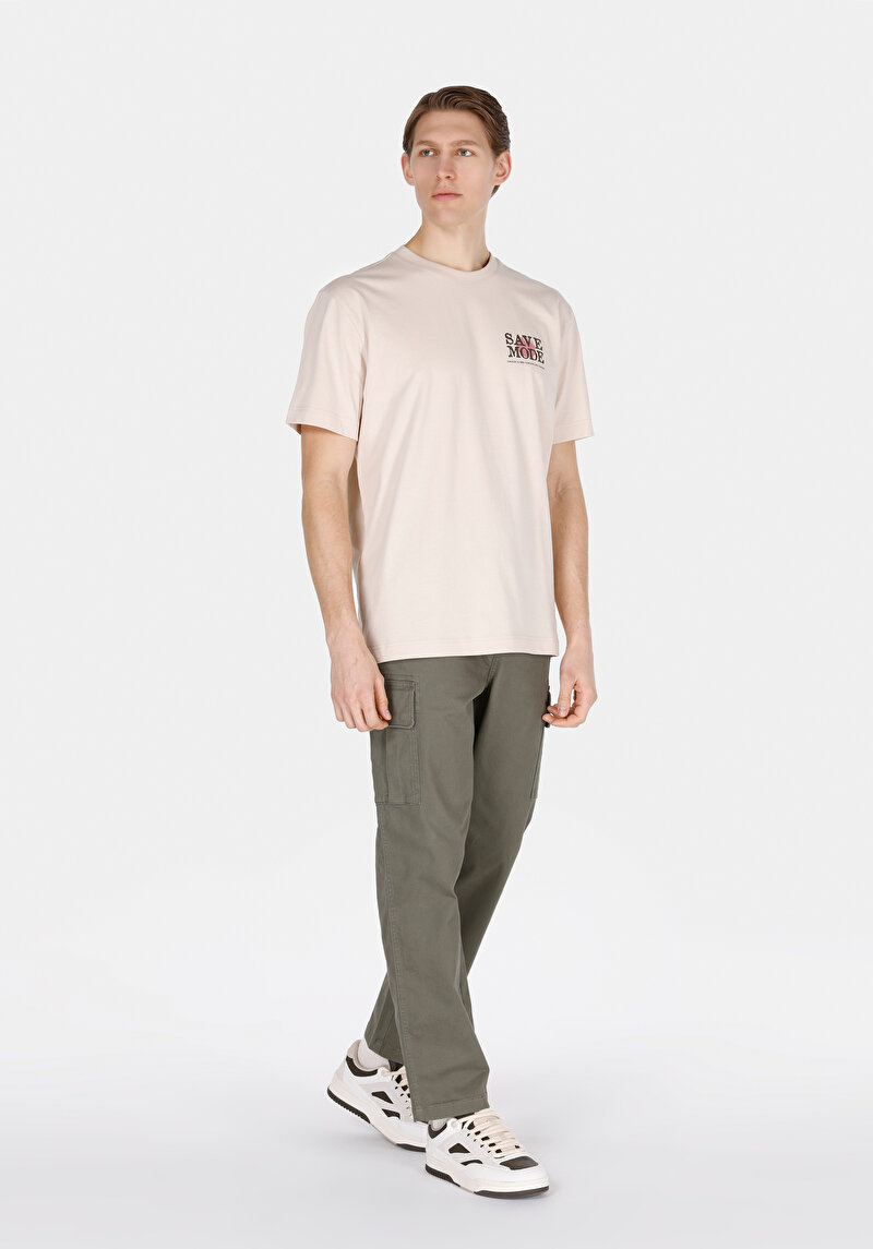 Comfort Fit Yuvarlak Yaka Düz Erkek Bej Kısa Kol Tişört