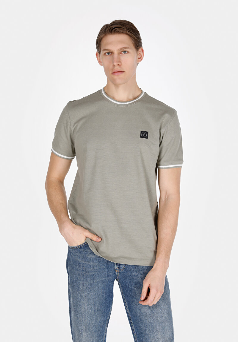 Regular Fit Yuvarlak Yaka Pamuıklu Jakarlı Erkek Yeşil Kısa Kol Tişört