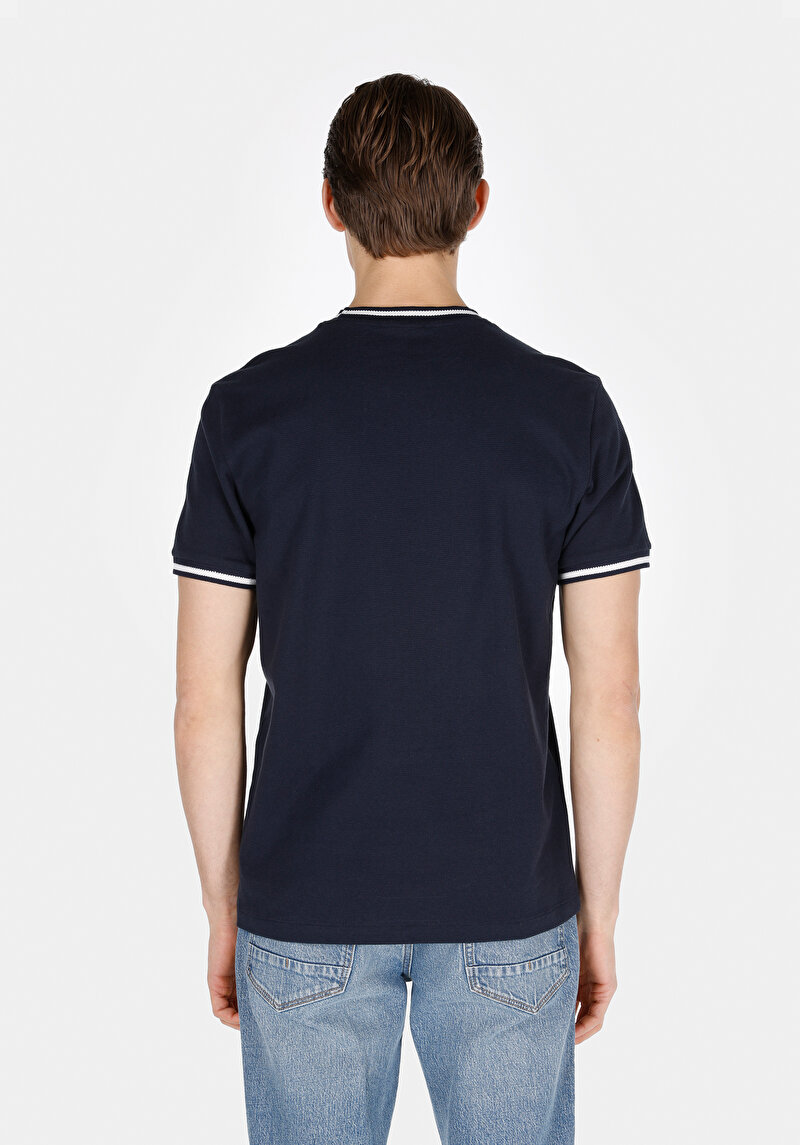 Regular Fit Yuvarlak Yaka Pamuklu Jakarlı Erkek Lacivert Kısa Kol Tişört