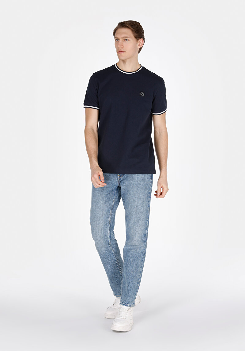 Regular Fit Yuvarlak Yaka Pamuklu Jakarlı Erkek Lacivert Kısa Kol Tişört