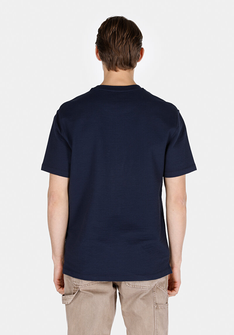 Comfort Fit Yuvarlak Yaka Jakarlı Erkek Lacivert Kısa Kol Tişört