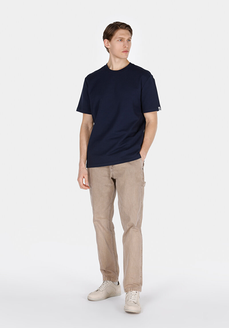 Comfort Fit Yuvarlak Yaka Jakarlı Erkek Lacivert Kısa Kol Tişört