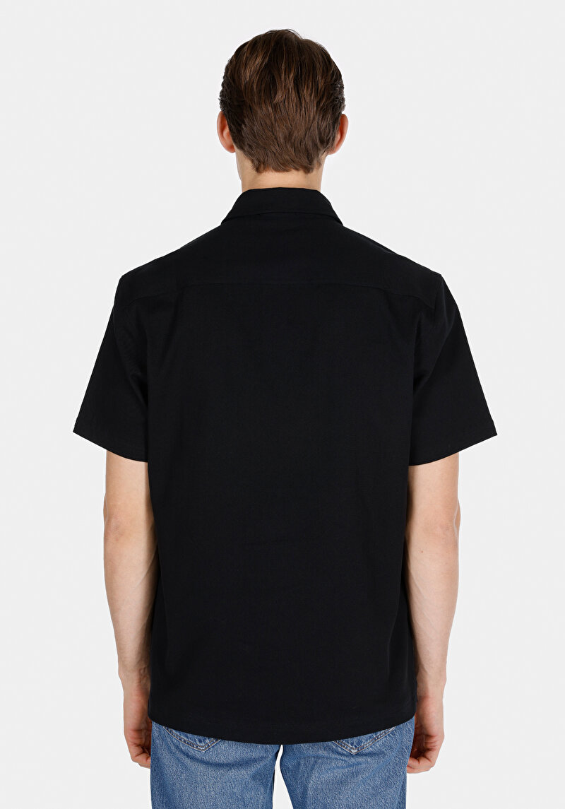 Comfort Fit Shirt Neck Düz Erkek Siyah Kısa Kol Gömlek