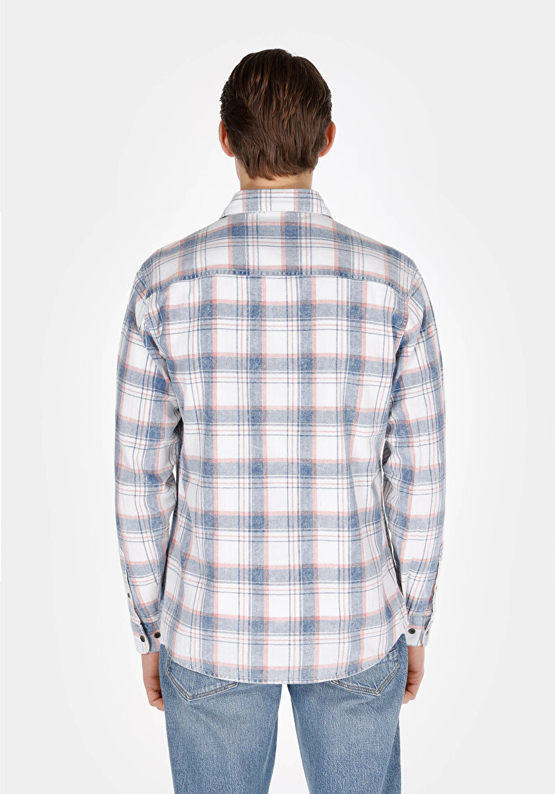 Regular Fit Pamuklu Shirt Neck Ekoseli Erkek Çok Renkli Uzun Kol Gömlek