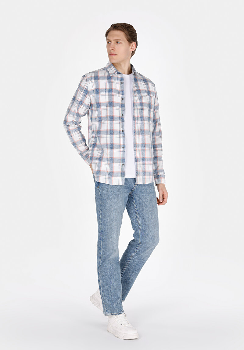 Regular Fit Pamuklu Shirt Neck Ekoseli Erkek Çok Renkli Uzun Kol Gömlek