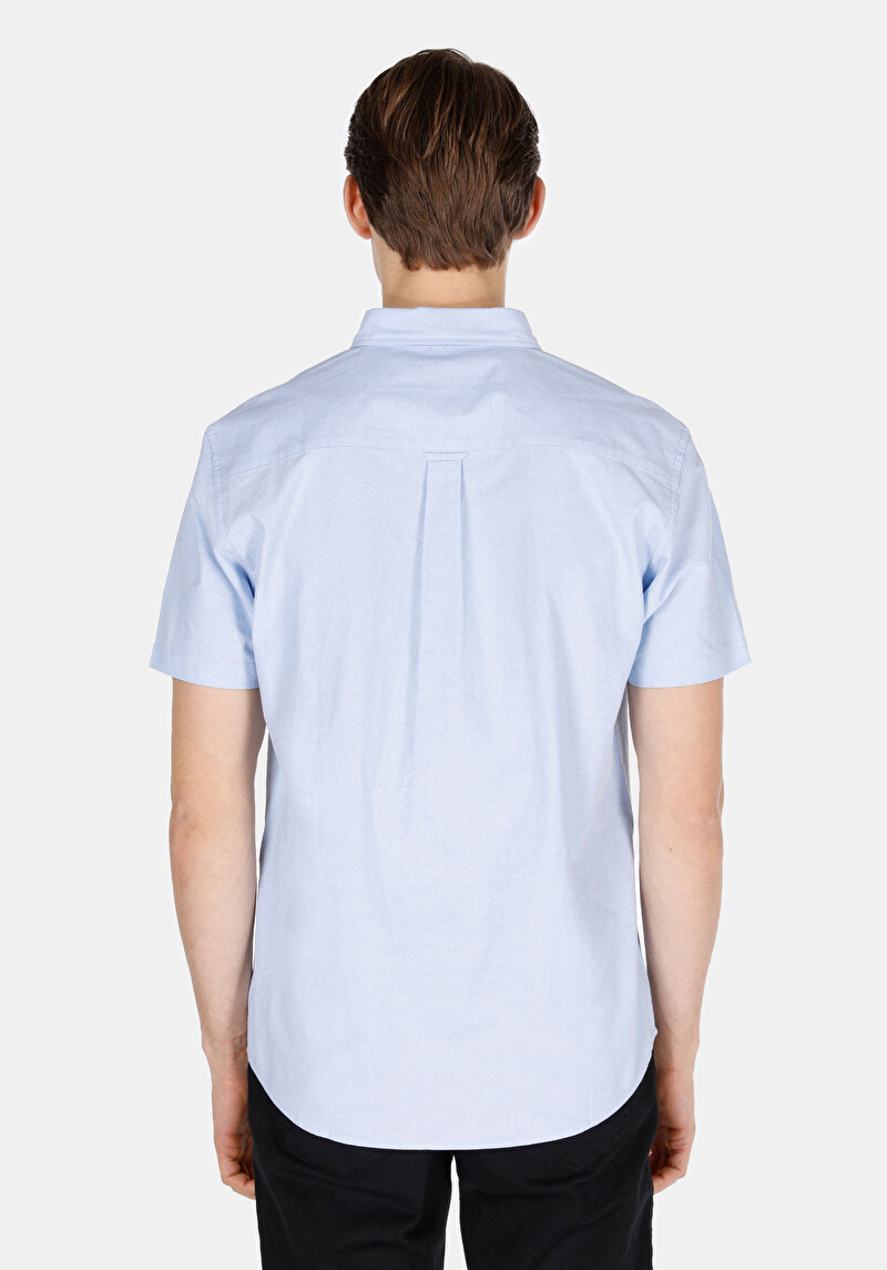 Regular Fit Shirt Neck Düz Erkek Mavi Kısa Kol Gömlek