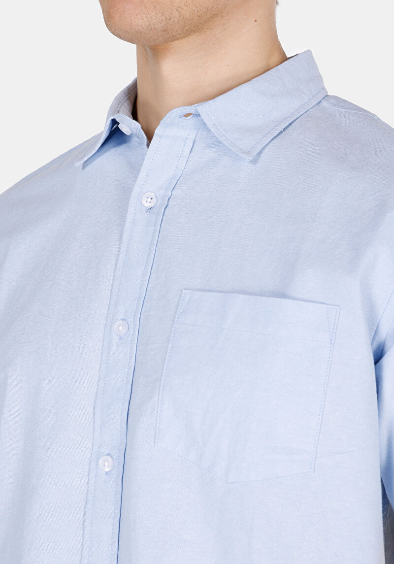 Regular Fit Shirt Neck Düz Erkek Mavi Kısa Kol Gömlek