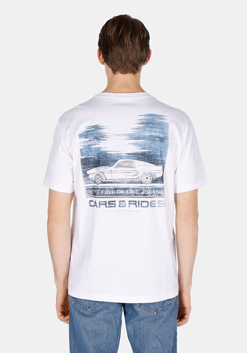 Comfort Fit Yuvarlak Yaka Düz Erkek Araba Baskılı Beyaz Kısa Kol Tişört