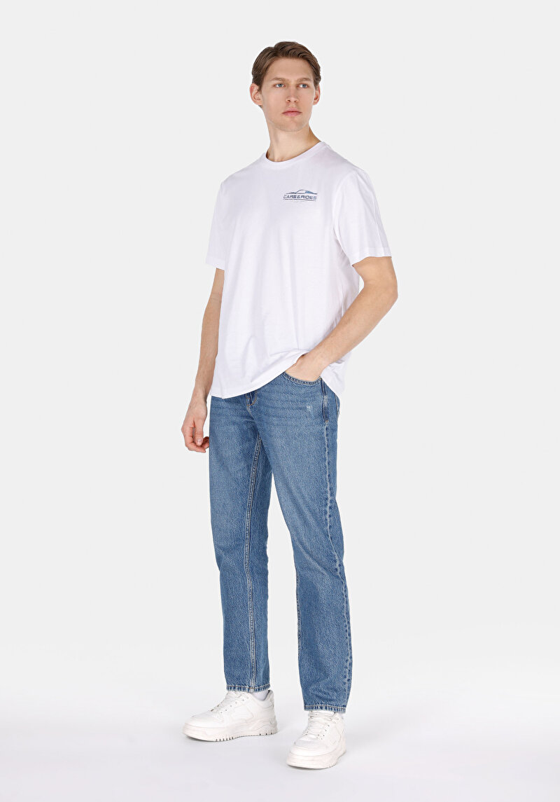 Comfort Fit Yuvarlak Yaka Düz Erkek Araba Baskılı Beyaz Kısa Kol Tişört