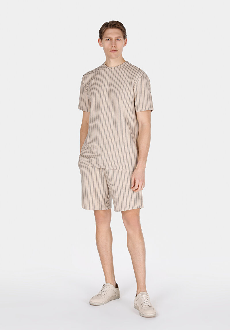 Regular Fit Orta Bel Çizgili Erkek Bej Şort