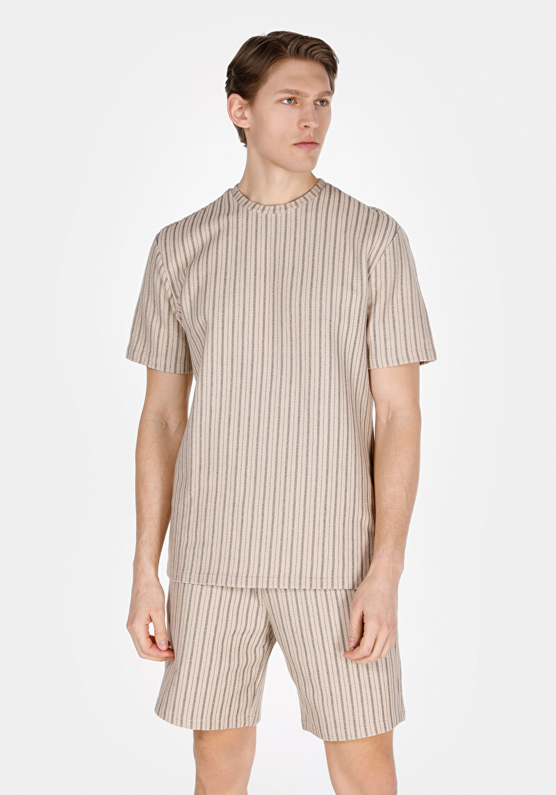 Comfort Fit Yuvarlak Yaka Çizgili Erkek Bej Kısa Kol Tişört