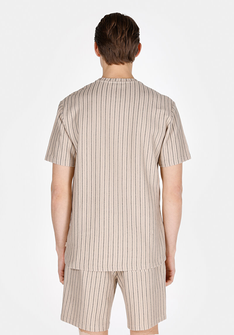 Comfort Fit Yuvarlak Yaka Çizgili Erkek Bej Kısa Kol Tişört