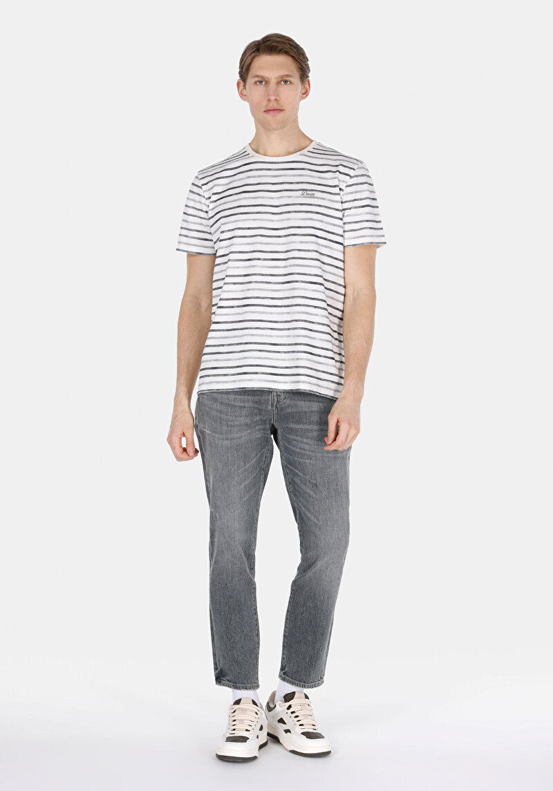 Regular Fit Yuvarlak Yaka Pamuklu Çizgili Erkek Gri Kısa Kol Tişört