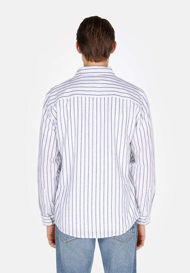 Regular Fit Shirt Neck Çizgili Erkek Keten Karışımlı Lacivert Uzun Kol Gömlek