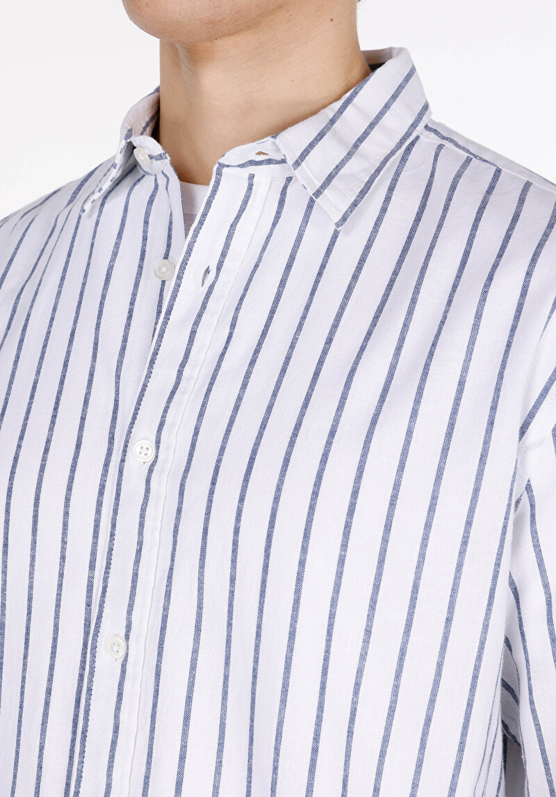 Regular Fit Shirt Neck Çizgili Erkek Keten Karışımlı Lacivert Uzun Kol Gömlek