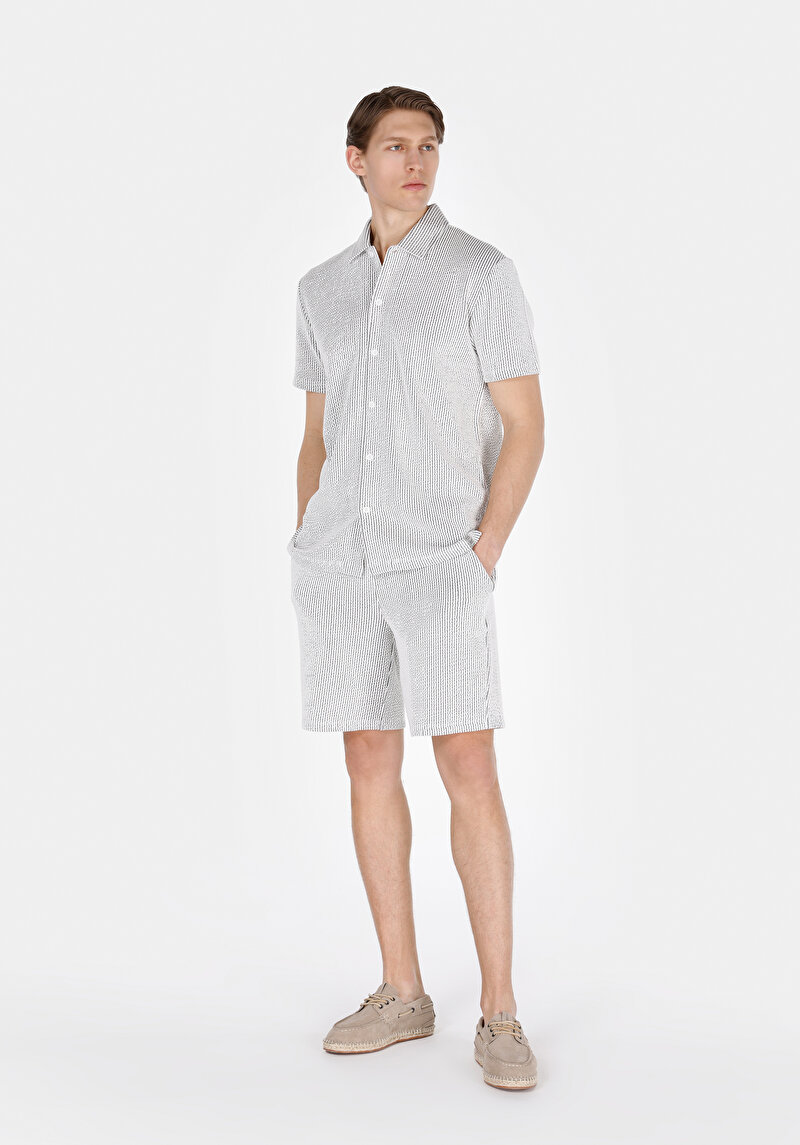 Regular Fit Orta Bel Çizgili Erkek Gri Şort