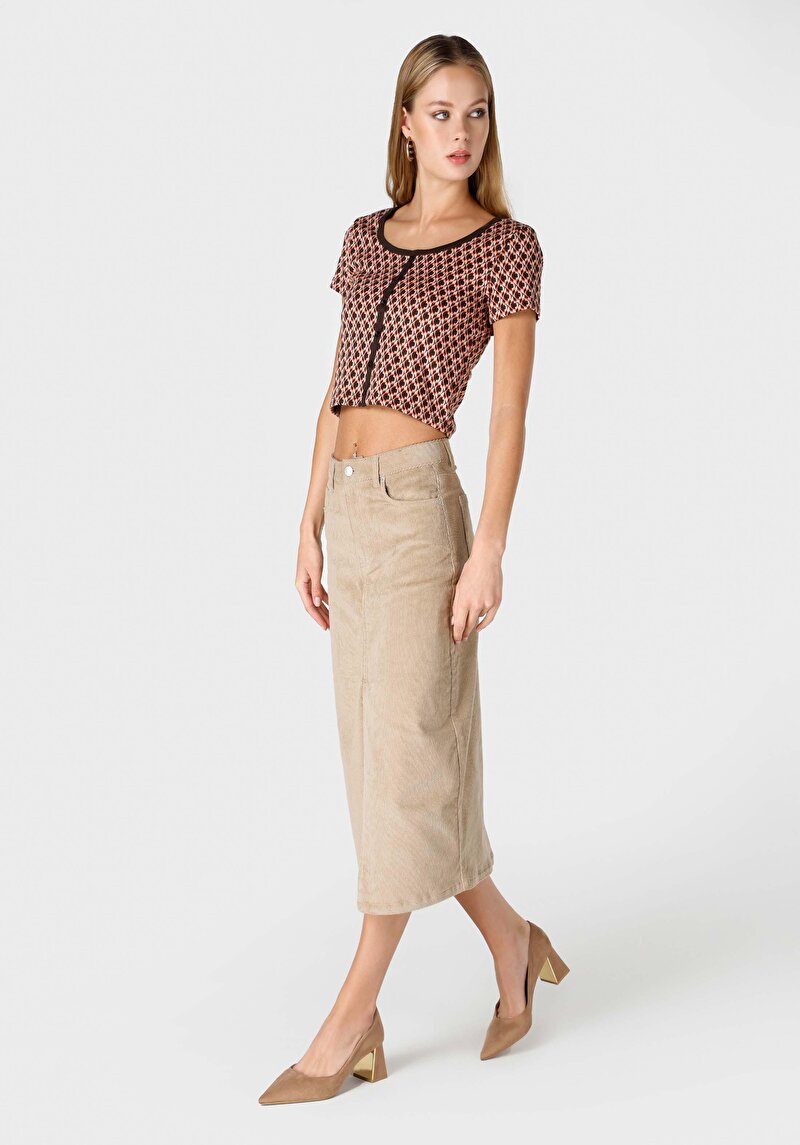 Midi Skirt Düz Fermuarlı Kadın Bej Etek